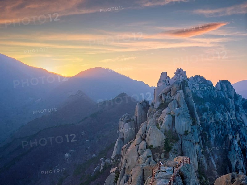 View of stones and rock formations from Ulsanbawi rock peak on sunset. Seoraksan National Park