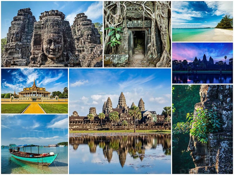 Collage of Cambodia travel images of tourist landmarks