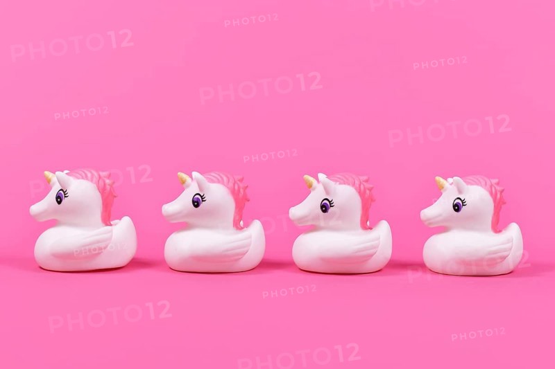 Four cute rubber duck unicorn in a row on pink background