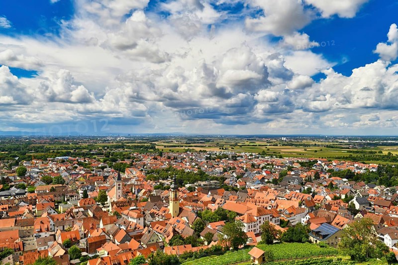Small old city called Schriesheim viewed from Odenwald forest in Germany