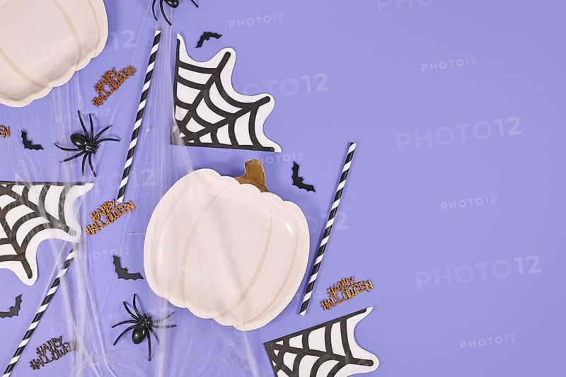 Halloween party flat lay with pumpkin shaped plate