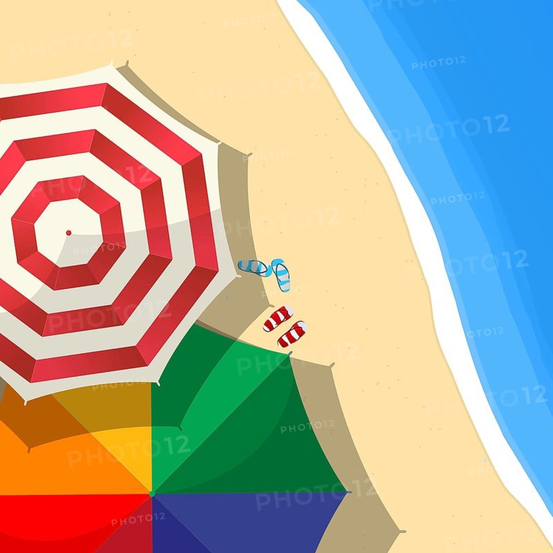 Summer day at the beach composition with umbrellas and slippers