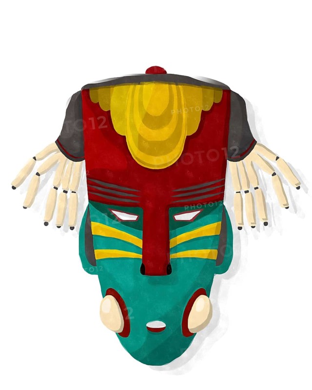 Watercolor style drawing of a tribal mask against white background