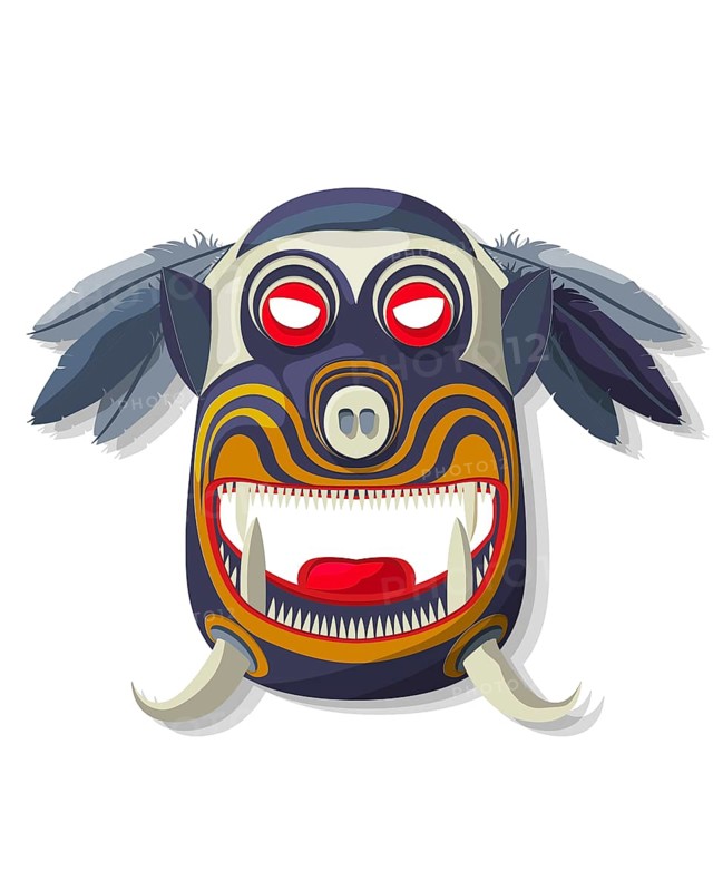 Vector painted tribal mask with feathers over white background