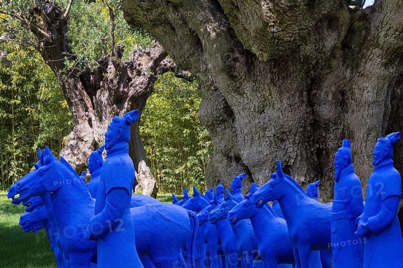 Blue plastic statues representing the army of Chinese terracotta soldiers