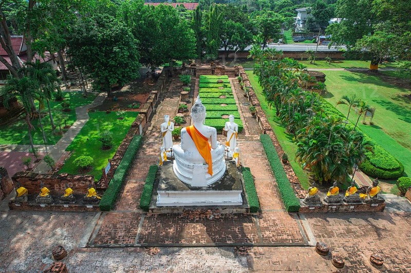 View over the gardens of Wat Yai Chai Mongkhon from the top of the stupa