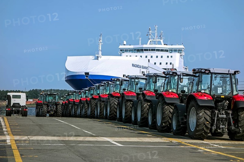 Tractors from Volvo Trucks' assembly plant waiting to be loaded onto the roll-on/roll-off/roo-ship at the seaport of Ghent