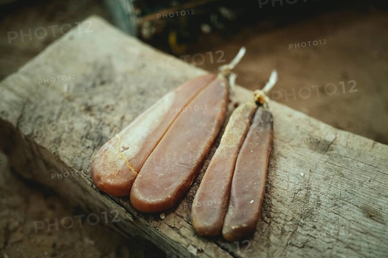 Dried and salted fish roe in a traditional tent