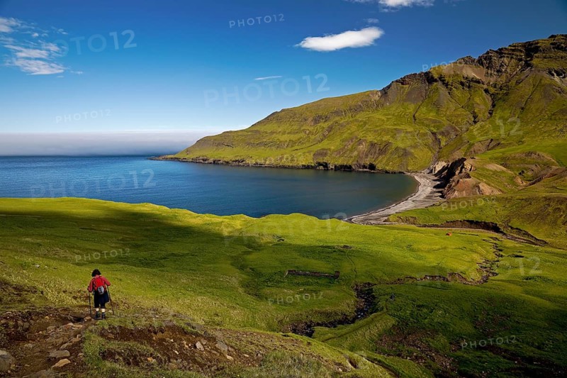 View of Brunavik Bay with hiker