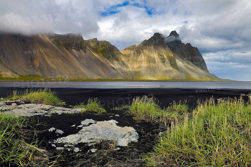 Mount Vestrahorn with the black lava beach Kirkjusandur