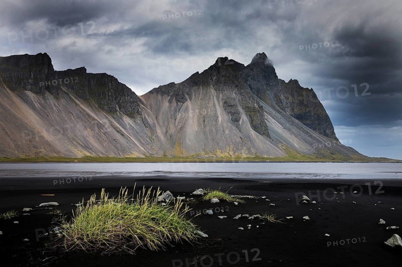 Mount Vestrahorn with the black lava beach Kirkjusandur