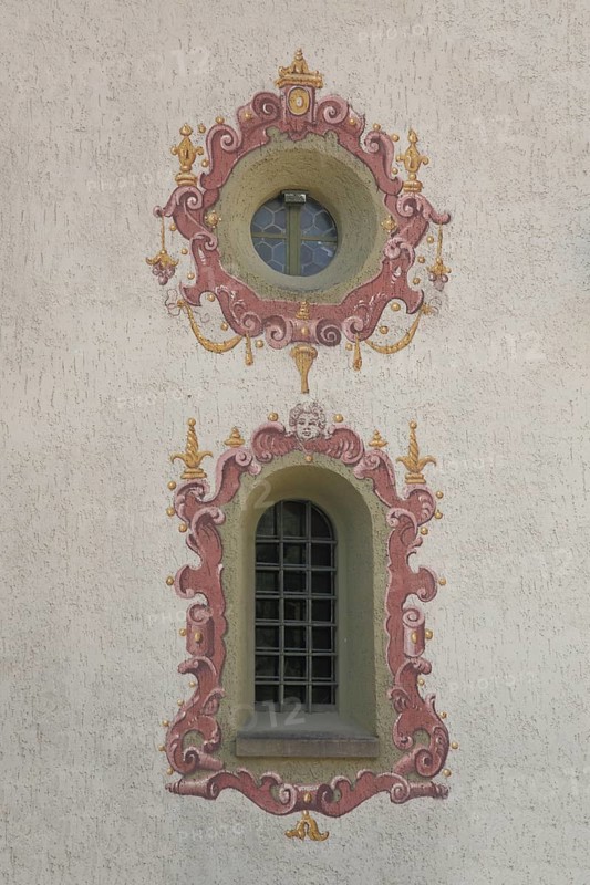 Church windows with frescoes and illusion painting at the pilgrimage church of Our Lady in Todtmoos