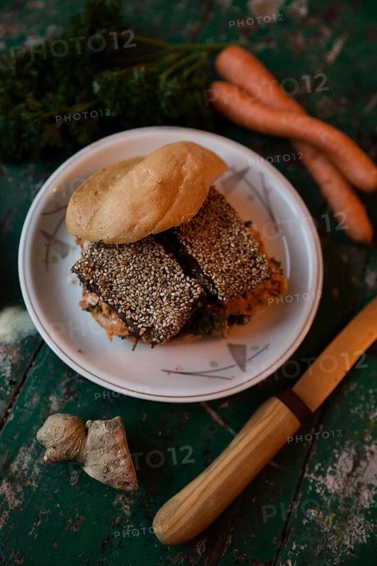 Vegan tofu burger with sesame seeds