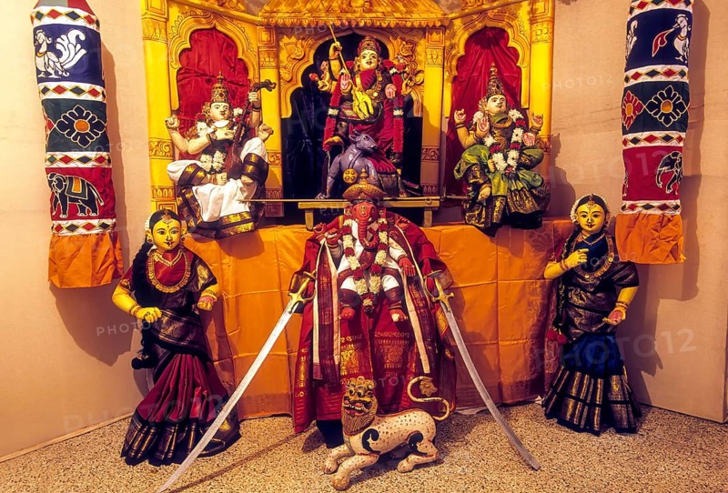 Doll display of kolu during the Navratri festival in Tamil Nadu