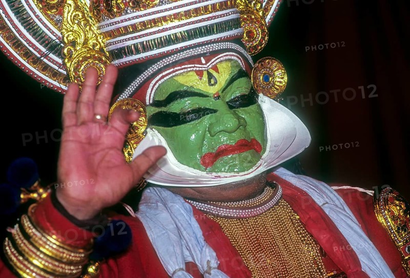 Kathakali Bhima Pacha Green character in Kerala Kalamandalam Koothambalam temple theatre Cheruthuruthy near Soranur
