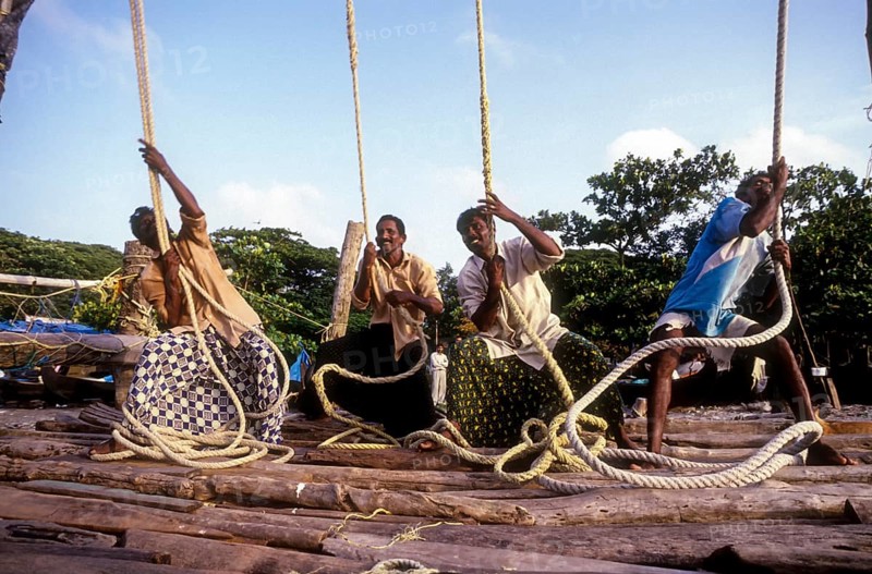 Operating the Chinese fishing nets Cheena vala in Fort Kochi Cochin