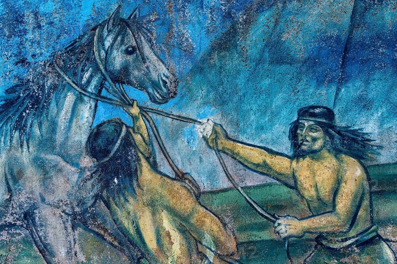 Mural depicting the cultural heritage of the Aonikenk and Kaweshar ethnic group