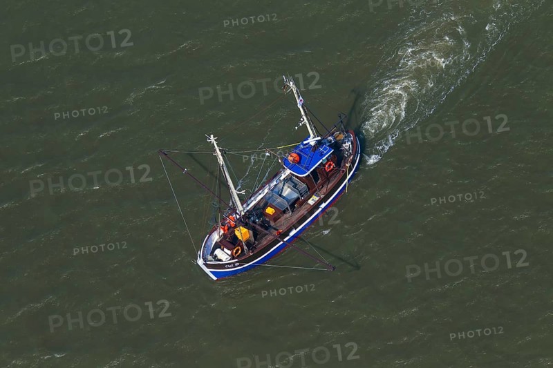 Aerial view of blue shrimp trawler boat fishing for shrimp at sea
