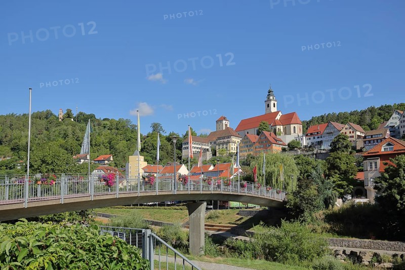 Townscape with raft footbridge in Horb am Neckar