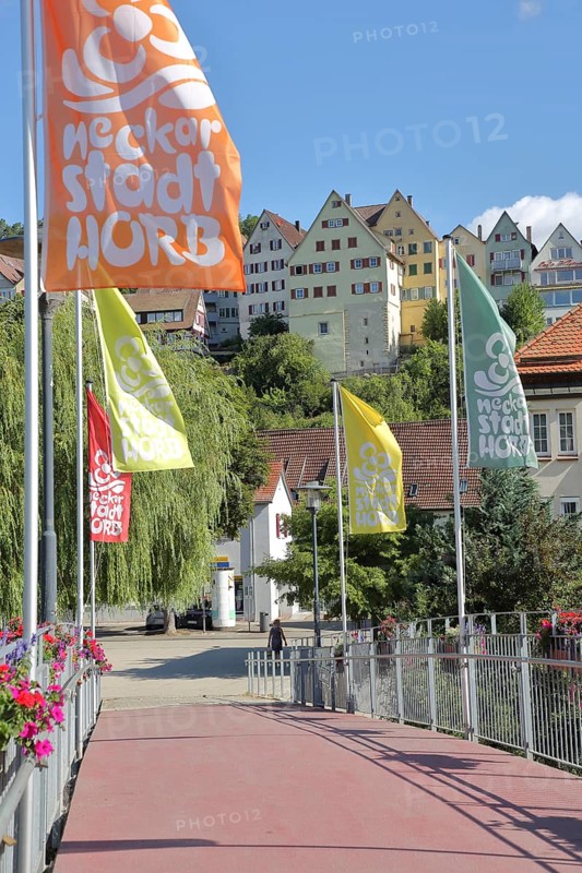 Flags at the raftsman's bridge of Horb with houses on the Neckar