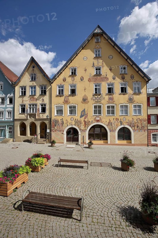 Historic town hall built 1765 with mural and small guard house built 1860 in Horb am Neckar
