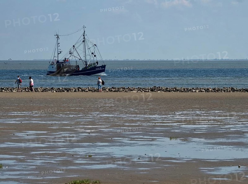 A fishing boat passes close to the beach inland through the Wadden Sea of the North Sea at the mouth of the Elbe