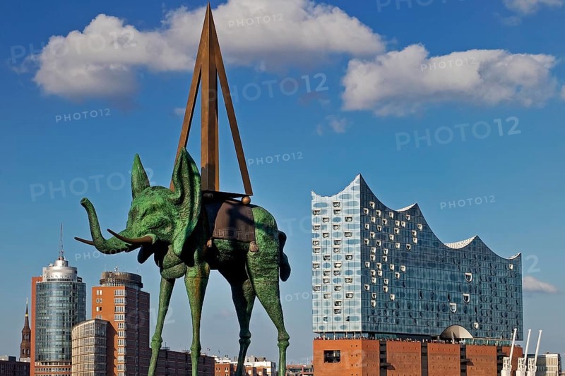 Artwork entitled Space Elephant by Salvador Dali at the Stage Theater an der Elbe in front of the Elbe Philharmonic Hall