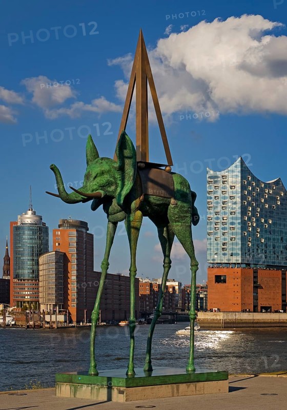 Artwork entitled Space Elephant by Salvador Dali at the Stage Theater an der Elbe in front of the Elbe Philharmonic Hall