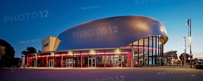 Illuminated Stage Theater on the Elbe in the evening