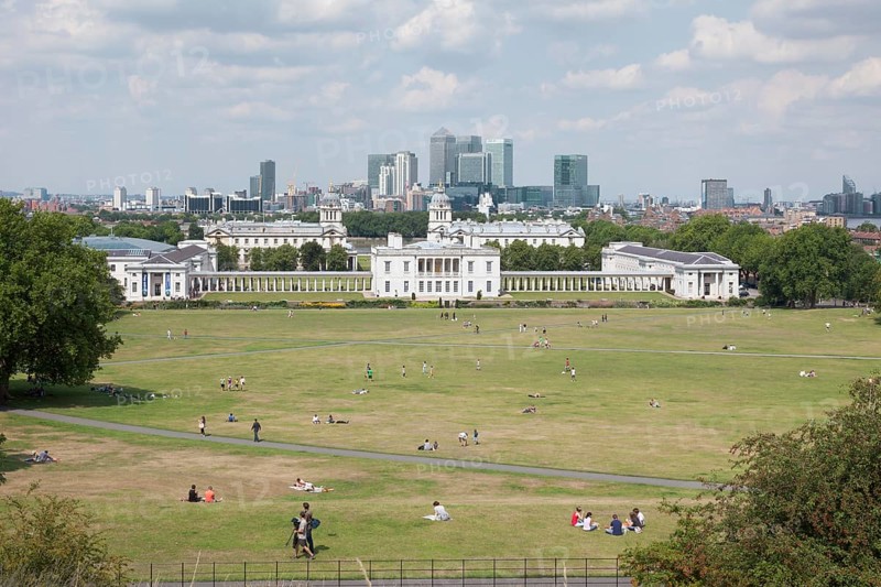 View from Greenwich over Queens House Royal Naval College and Canary Wharf
