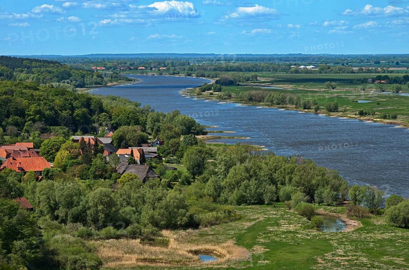 View from the Kniepenberg lookout tower near Hitzacker of the Elbe and Elbe floodplain in the Elbe River Landscape UNESCO Biosphere Reserve