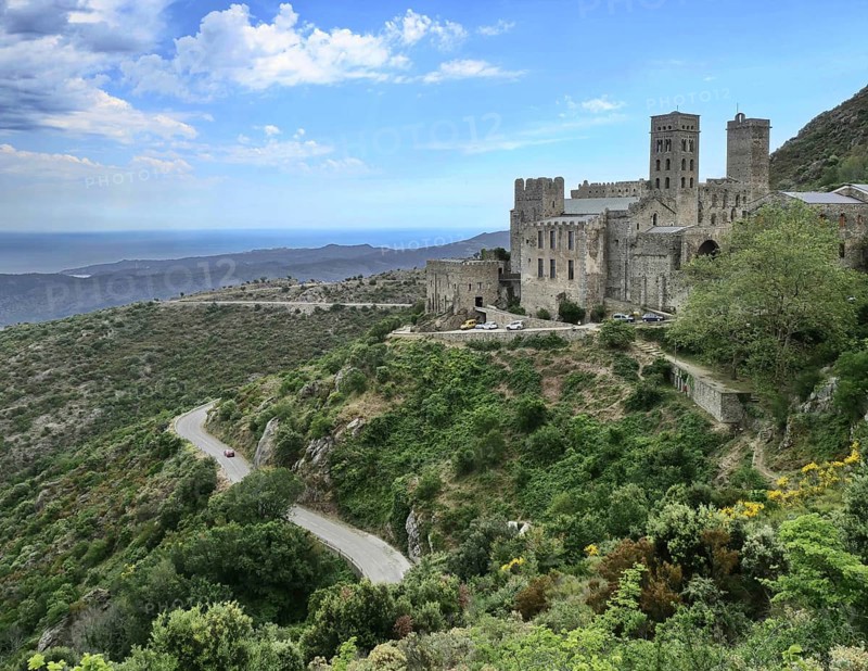 The Benedictine monastery of Sant Pere de Rodes is located in the Cap de Creus Natural Park 520 m above sea level. In the background is the Gulf of Roses on the northern Costa Brava. Cap de Creus