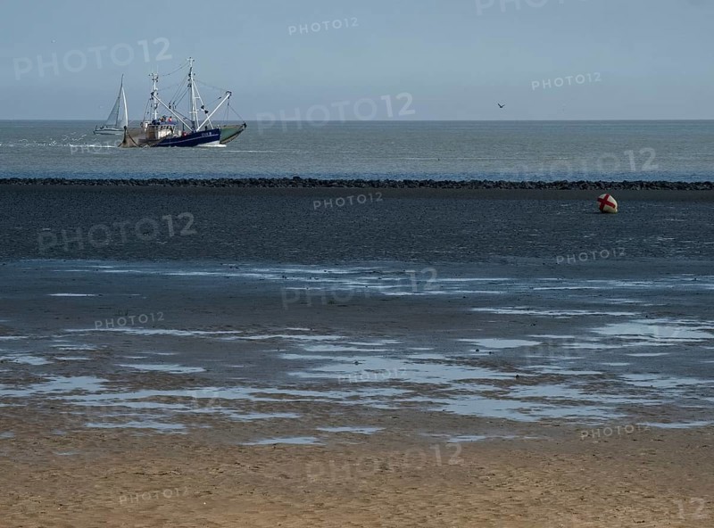 A fishing boat passes close to the beach inland through the Wadden Sea of the North Sea at the mouth of the Elbe