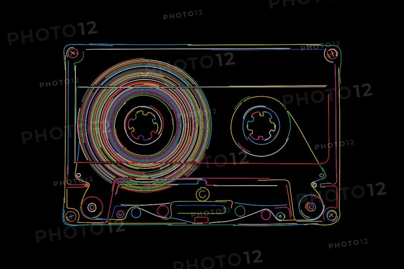 Happy cassette in colors over black background