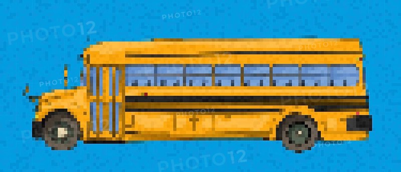 Pixel art school bus vector icon over blue