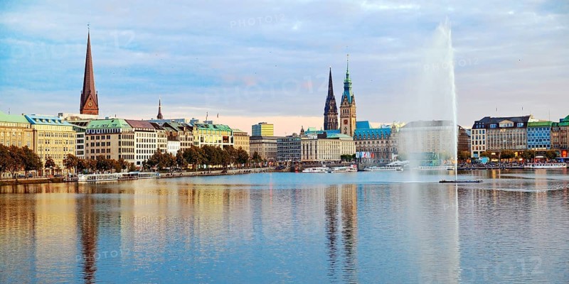 Inner Alster Lake with Alsterfontaine and city skyline