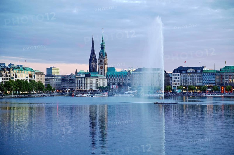 Inner Alster Lake with Alsterfontaine and city skyline