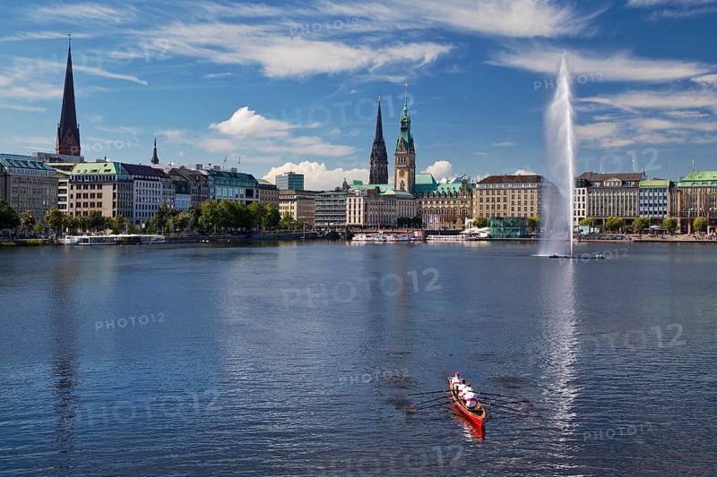 Inner Alster Lake with Alsterfontaine and city skyline