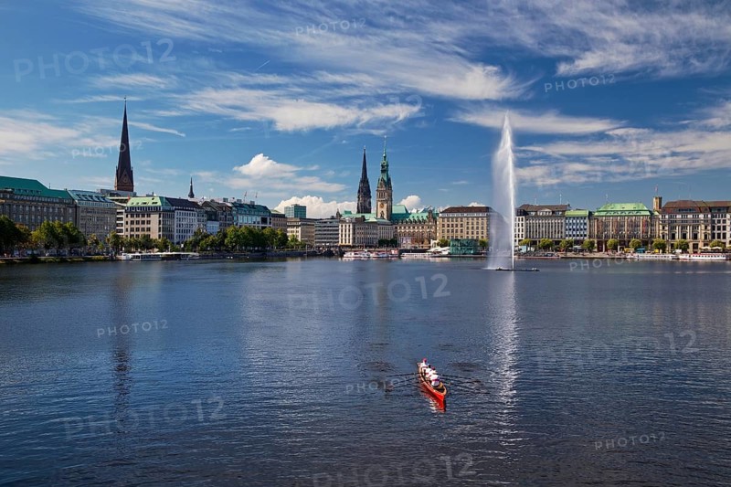 Inner Alster Lake with Alsterfontaine and city skyline