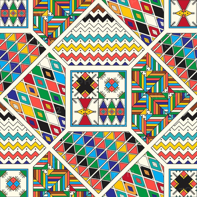 Decorative geometric repeating pattern inspired by Al-Qatt Al-Asiri traditional paintings