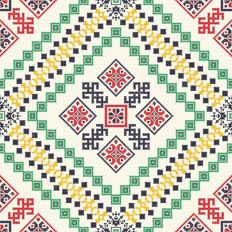 Decorative repeating pattern inspired by traditional Russian embroidery