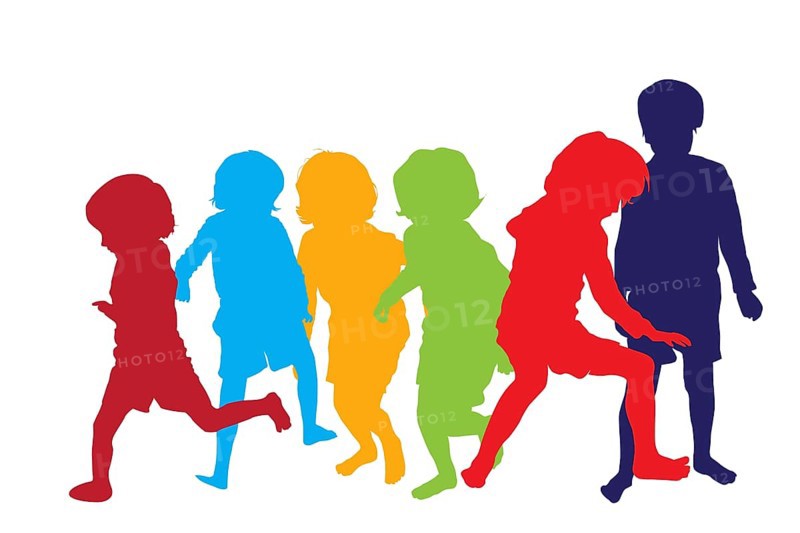Silhouettes of children playing and running in colors