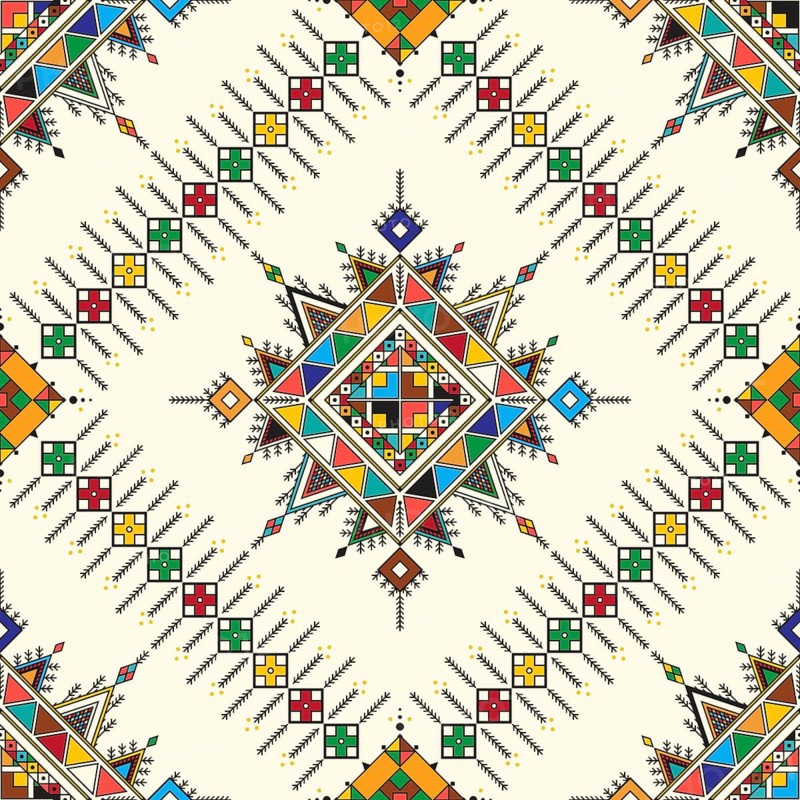 Decorative geometric repeating pattern inspired by Al-Qatt Al-Asiri traditional paintings