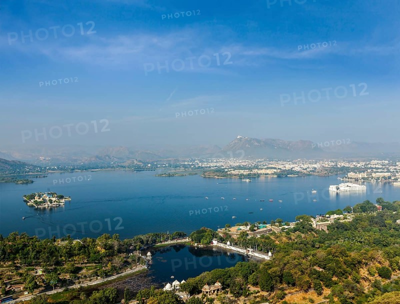 Aerial view of Lake Pichola with Lake Palace