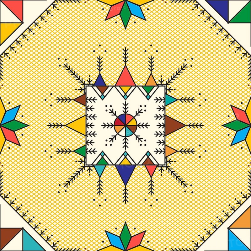 Decorative geometric repeating pattern inspired by Al-Qatt Al-Asiri traditional paintings