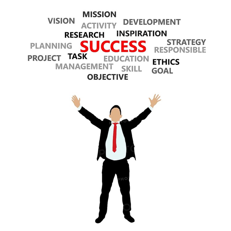 Motivational business vector graphic with a praising business man in a suit and inspirational words