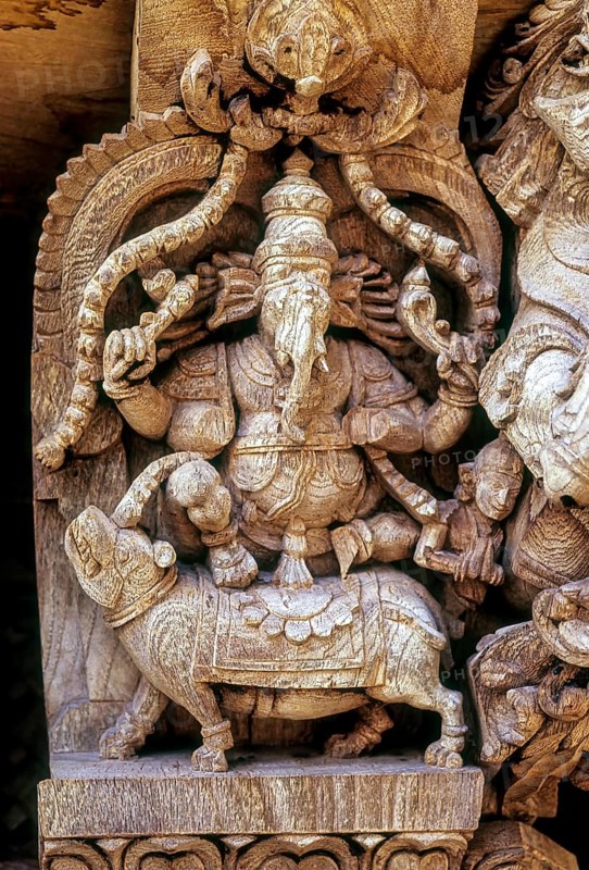 Lord Ganesh Ganpati riding on Rat Mouse Mushika. 17th century wooden carvings in Meenakashi Sundareswarer temple's chariot at Madurai
