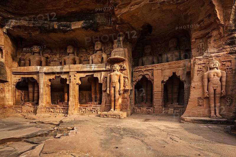 Rockcut Statues of Jain thirthankaras in rock niches near Gwalior fort. Gwalior