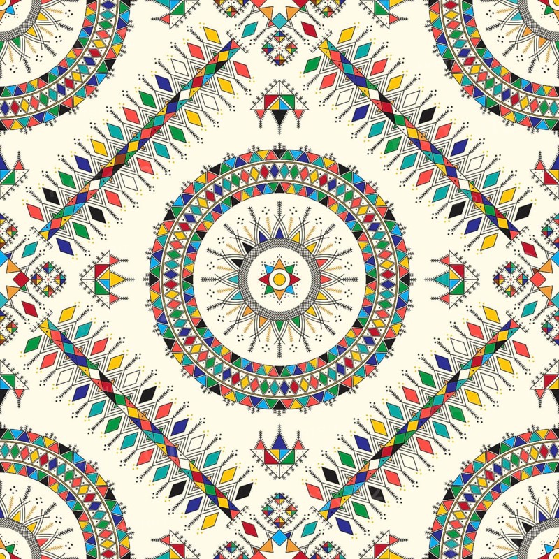 Decorative geometric repeating pattern inspired by Al-Qatt Al-Asiri traditional paintings