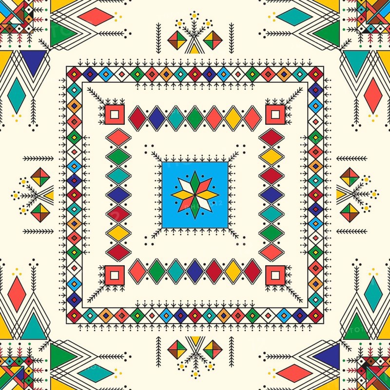 Decorative geometric repeating pattern inspired by Al-Qatt Al-Asiri traditional paintings